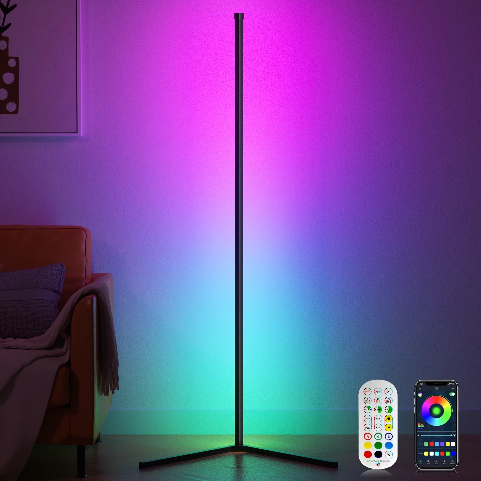 RGB corner floor lamp with remote control for modern ambient lighting.
