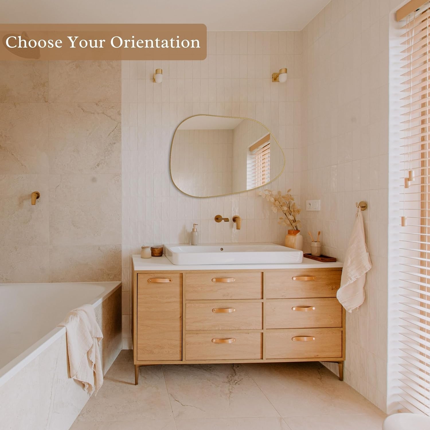 Modern irregular wall mirror above vanity, perfect for bathroom or bedroom décor.
