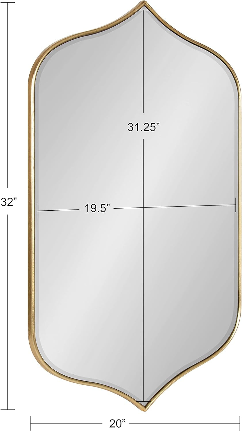 Gold arched wall mirror (32"x19.5") perfect for bathroom vanity, bedroom, or hallway decor.
