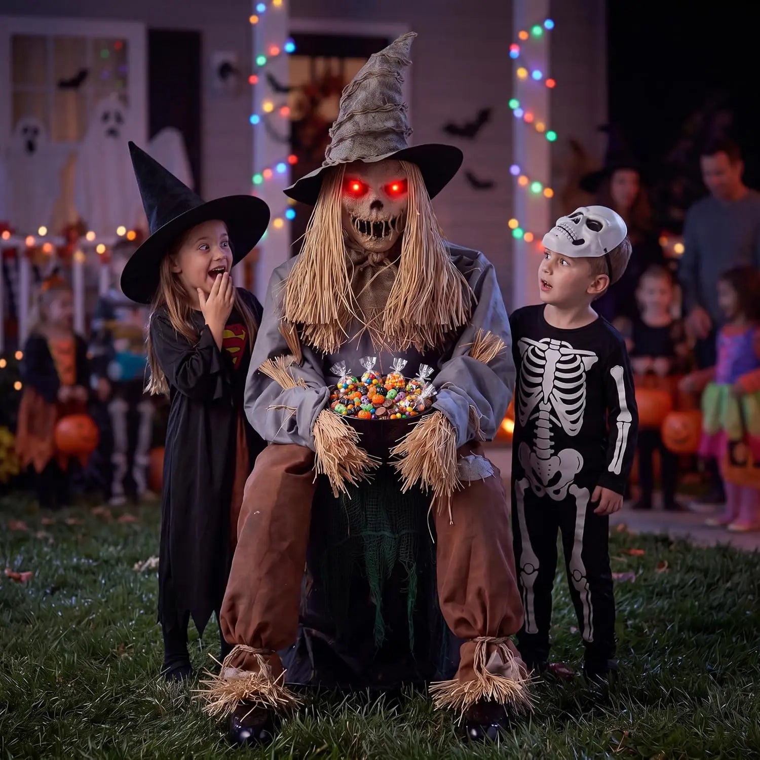49" Halloween Animatronic Sitting Scarecrow, Halloween Decorations Outdoor Sound Activated Jump Scare Prop with LED Eyes, Spooky Sounds, Scary Haunted House Props for Garden Yard Lawn
