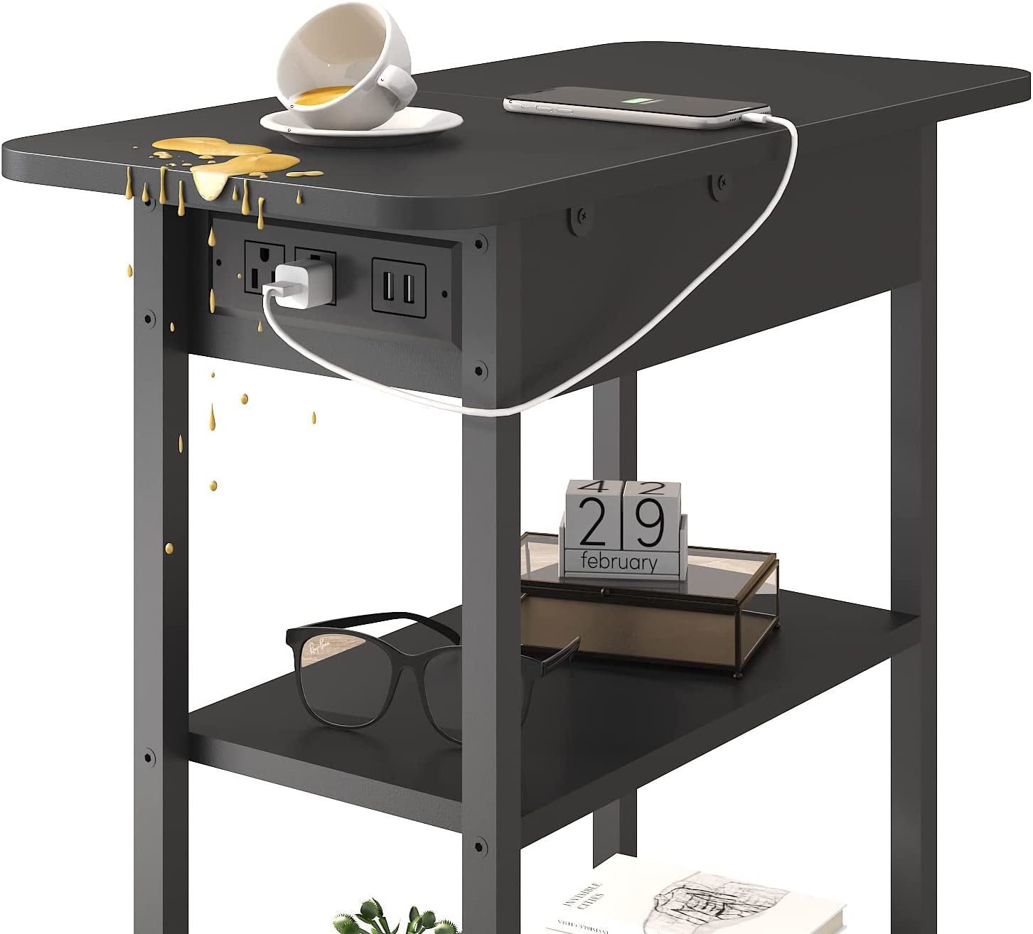 Spill-proof black side table with shelves and built-in charging station.
