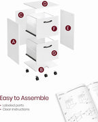 Easy-to-assemble white filing cabinet with labeled parts and clear instructions.