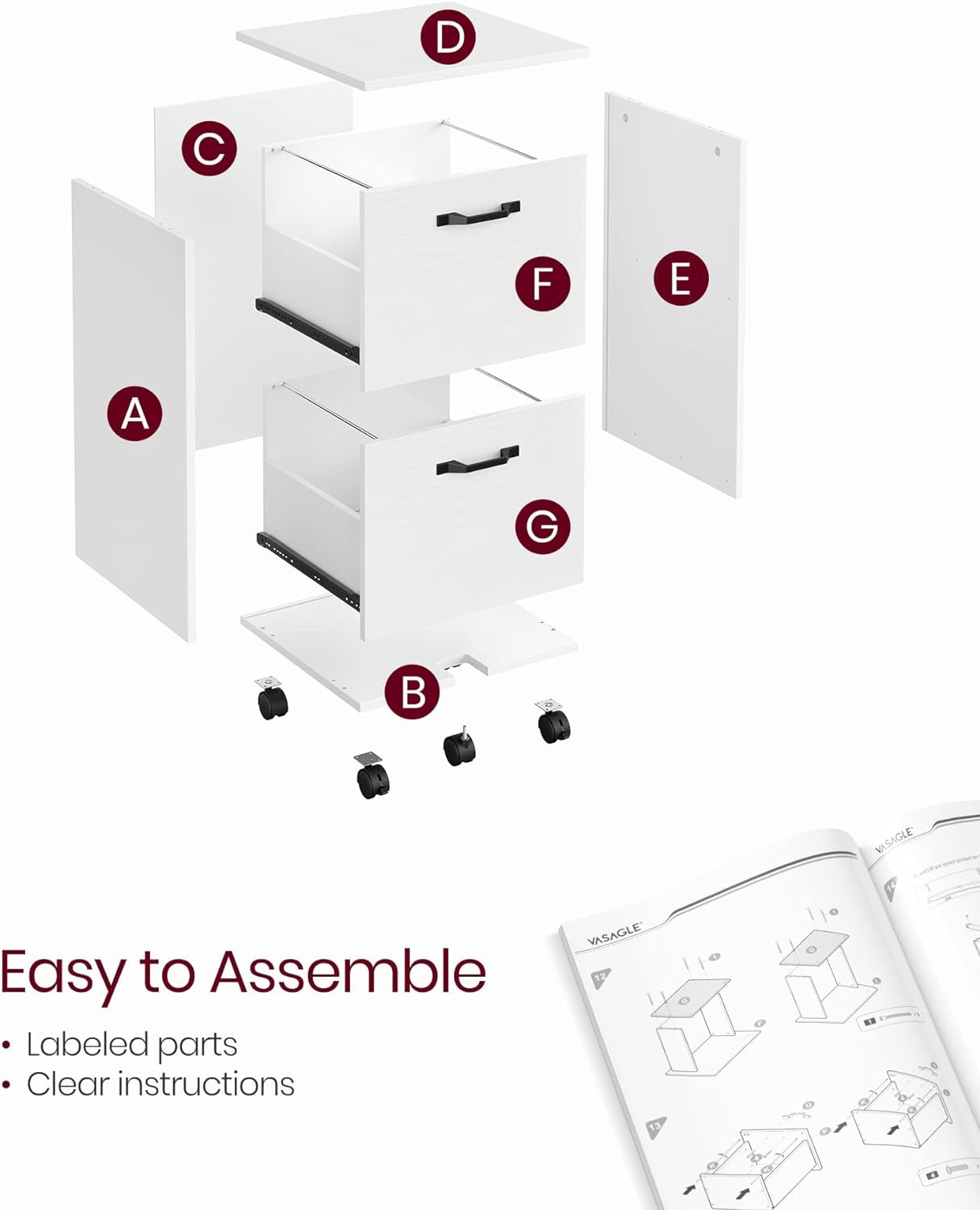 Easy-to-assemble white filing cabinet with labeled parts and clear instructions.