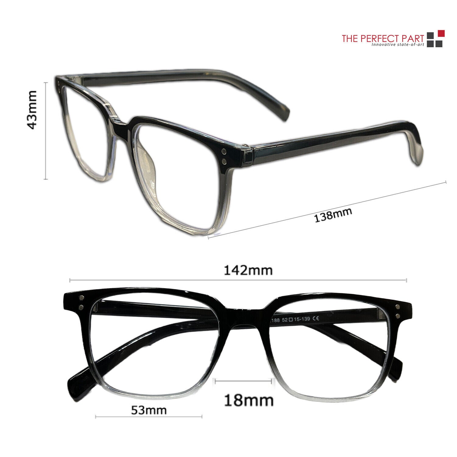 Black frame reading glasses with size dimensions in mm