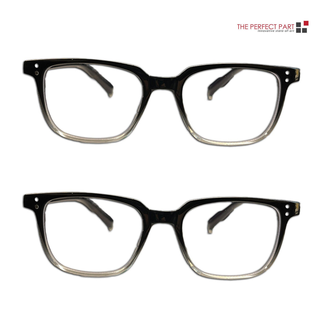 Two pairs of black frame reading glasses with clear lenses