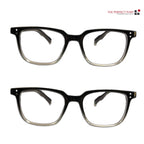 Two pairs of black frame reading glasses with clear lenses