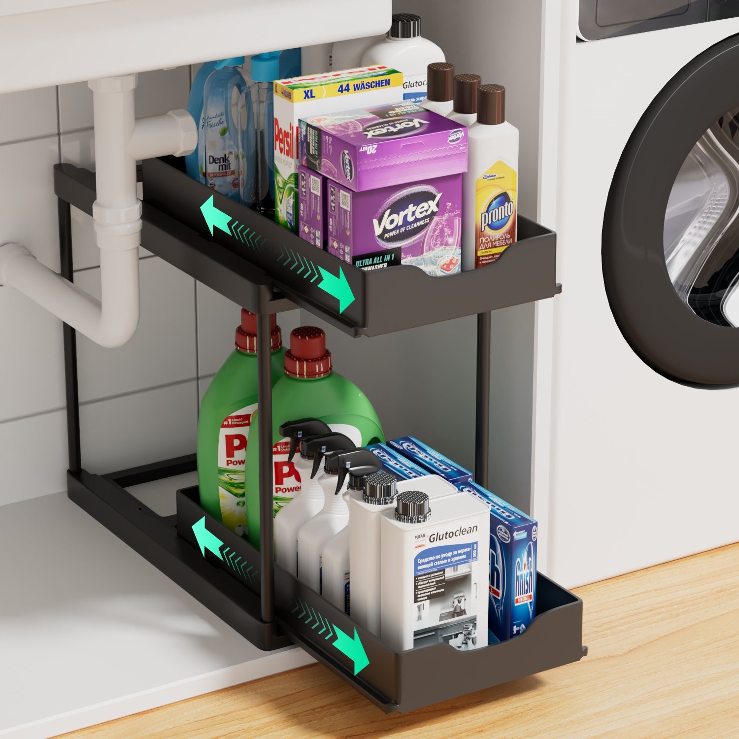 Sliding under sink storage organizer for cleaning supplies and laundry essentials.