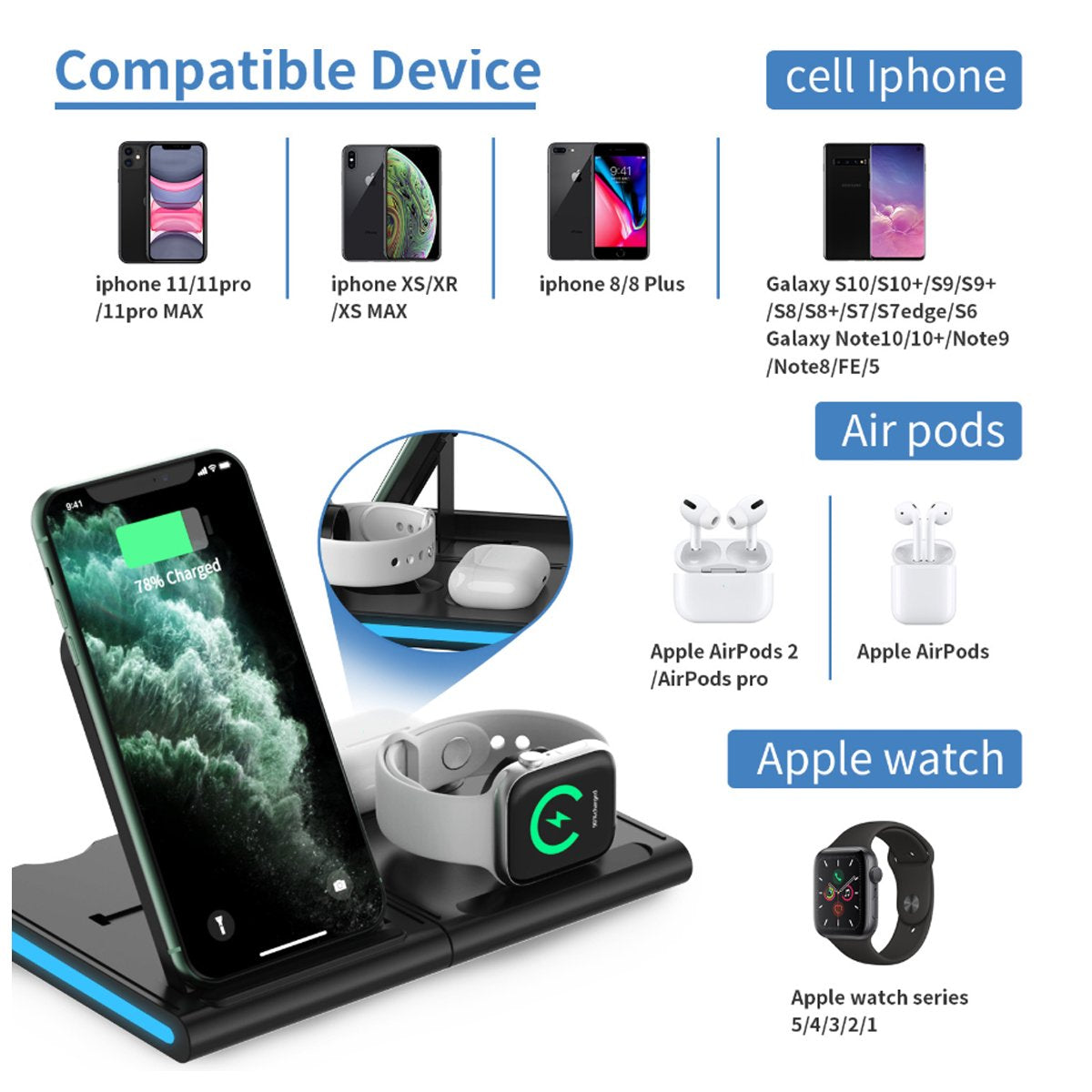 Wireless charging dock compatible with iPhone, AirPods, and Apple Watch