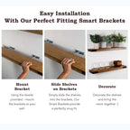 Easy-install wood floating shelves with smart brackets for secure wall mounting.
