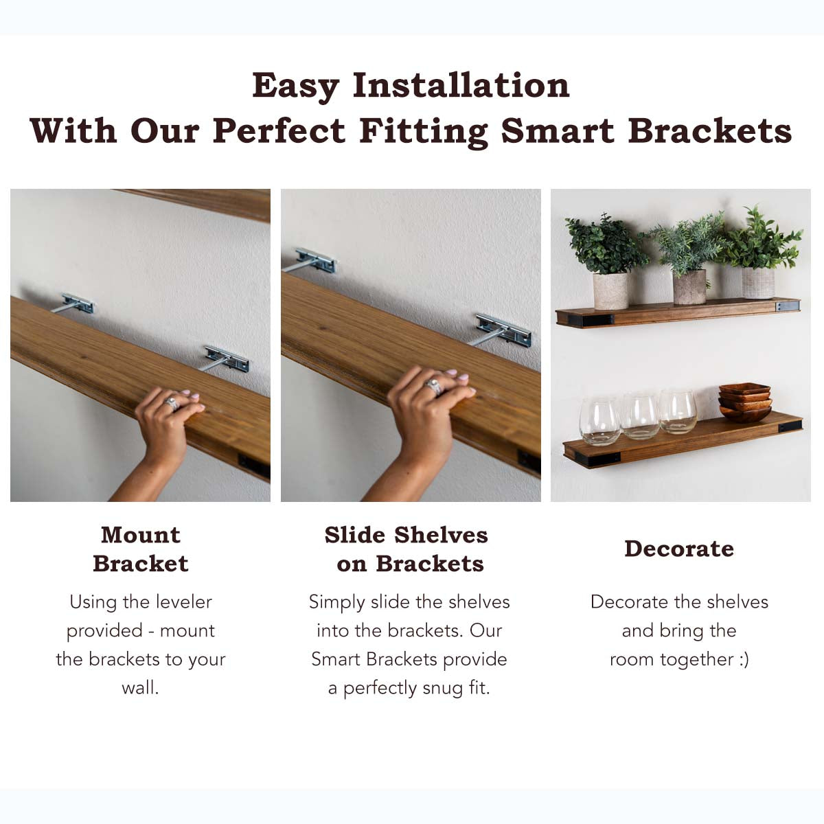Easy-install wood floating shelves with smart brackets for secure wall mounting.
