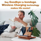 Man relaxing with book beside wooden wireless charging station