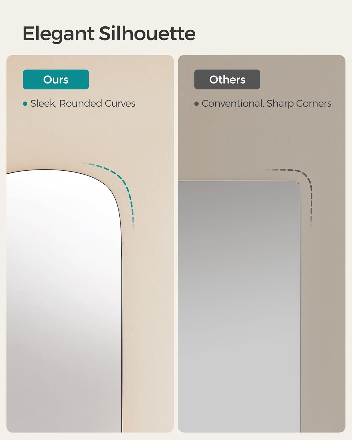 Elegant wall mirror with sleek rounded curves for modern and safe home decor.
