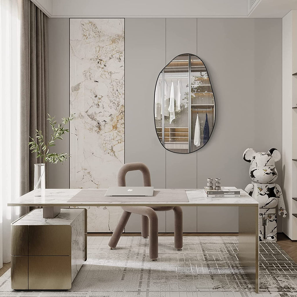 Oval wall mirror with modern design, perfect for office, bedroom, or living room decor.
