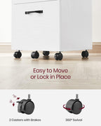Mobile filing cabinet with lockable caster wheels for easy movement and stability.