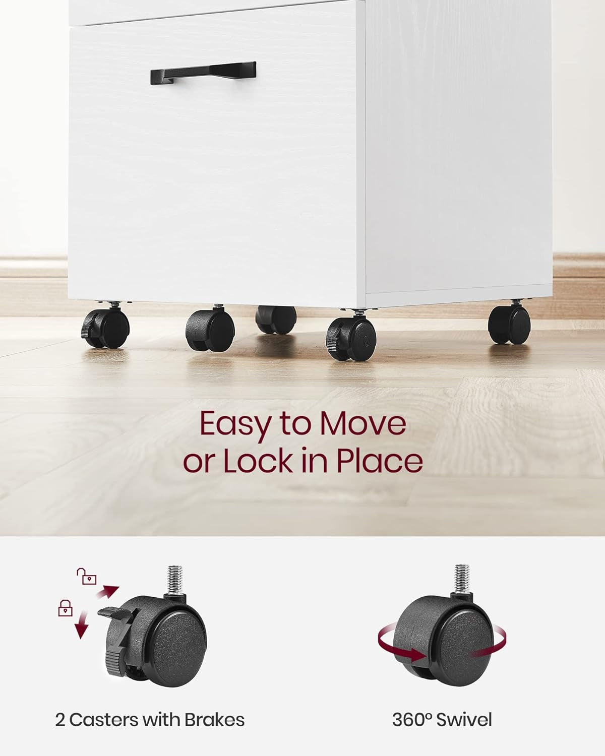 Mobile filing cabinet with lockable caster wheels for easy movement and stability.