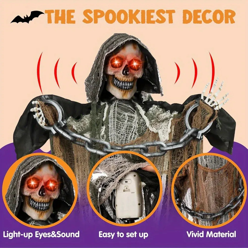 67''Halloween Decorations Outdoor Life Size Animatronics Grim Reaper with Chain Sound-Actived Party Decor with Creepy Sound Scary House Props for Garden Yard Lawn