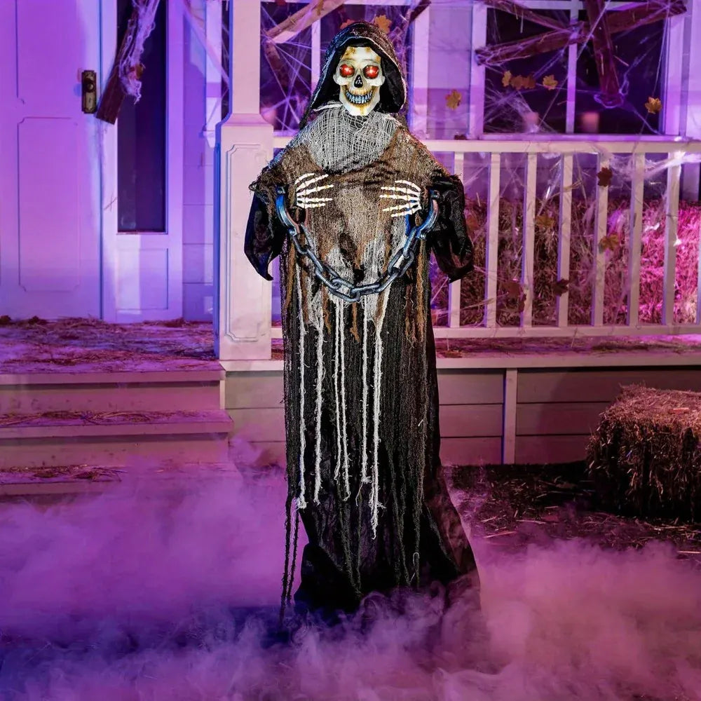 67''Halloween Decorations Outdoor Life Size Animatronics Grim Reaper with Chain Sound-Actived Party Decor with Creepy Sound Scary House Props for Garden Yard Lawn