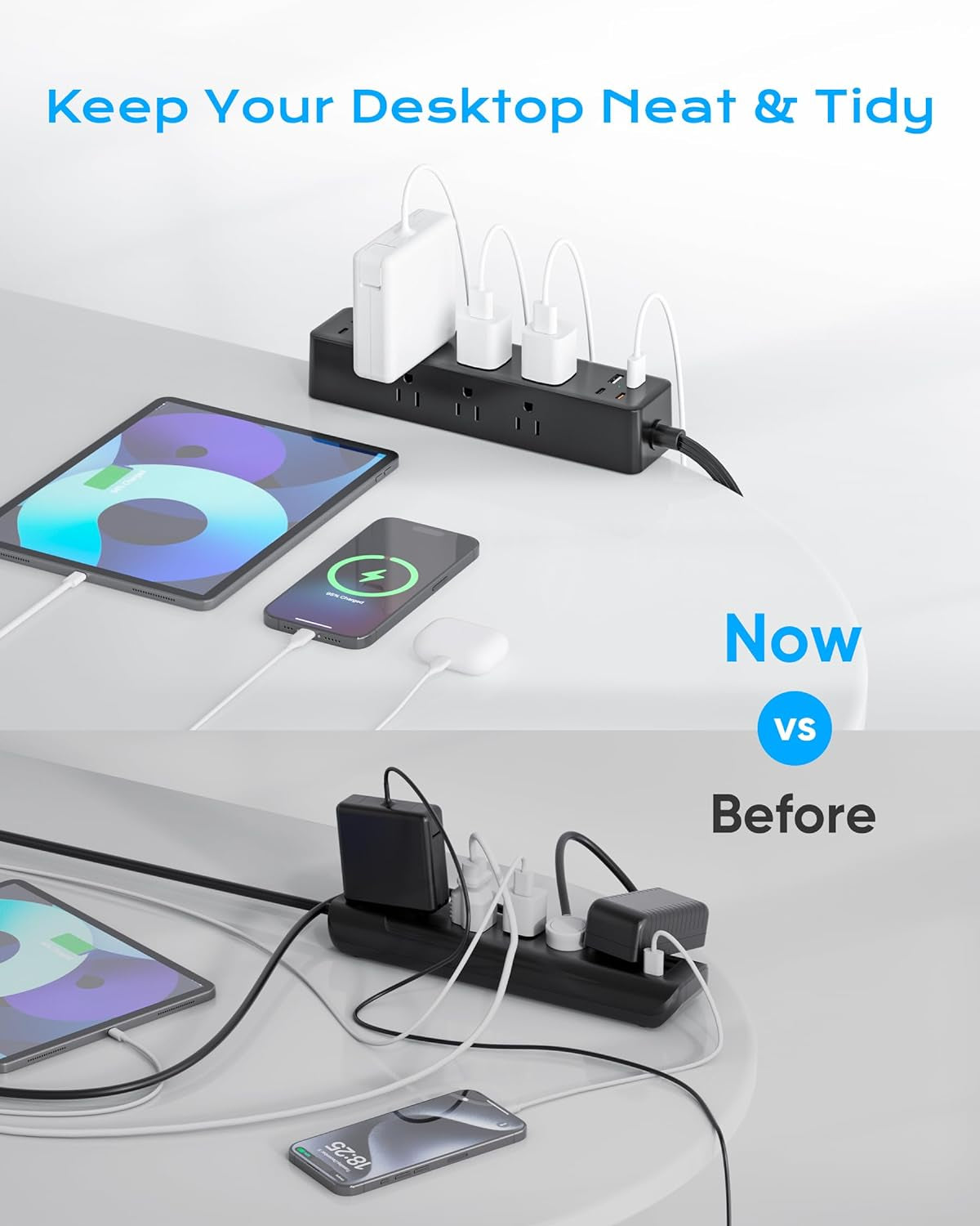 Desk clamp power strip keeps devices organized compared to messy setup
