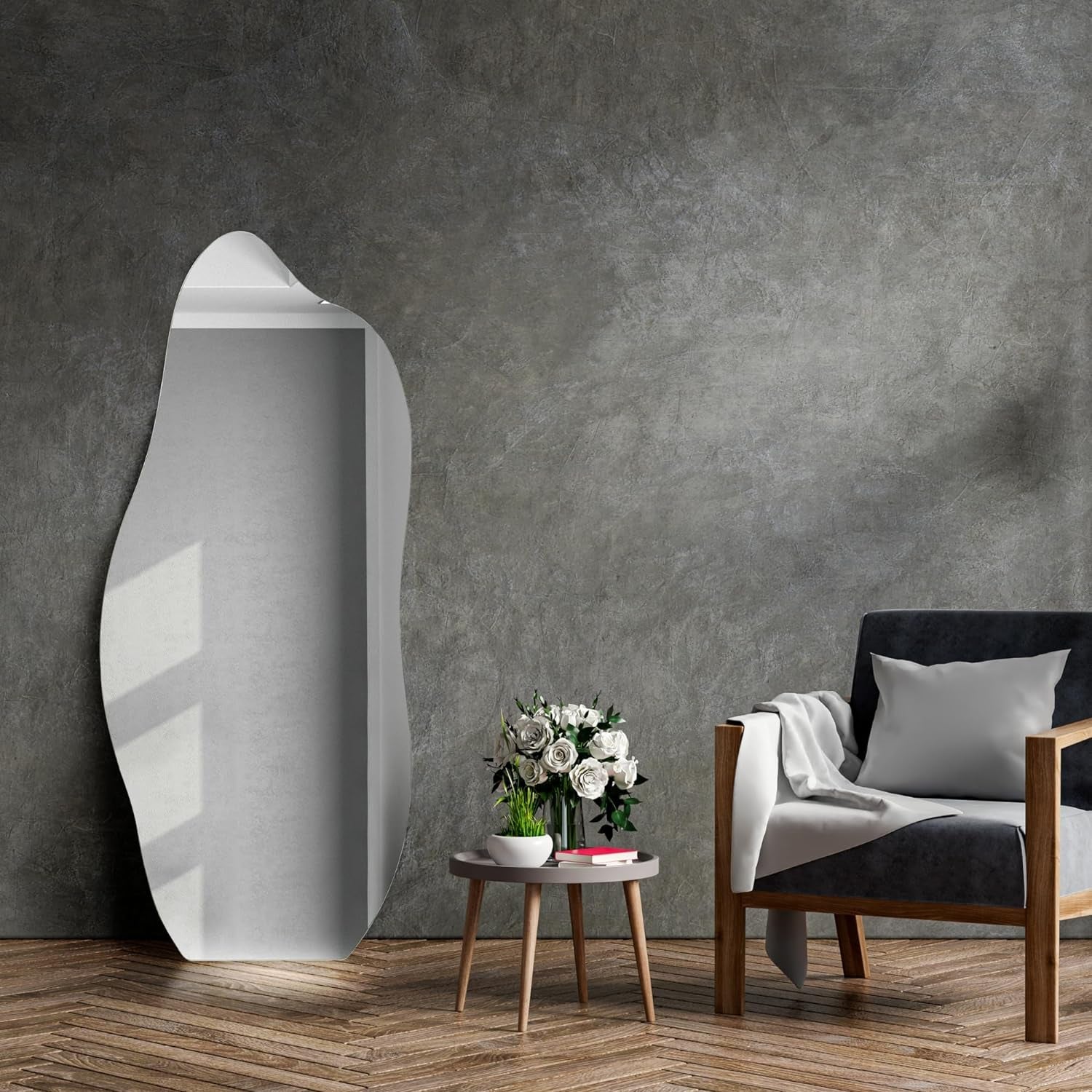 Modern irregular full-length wall mirror for living room, bedroom, and home decor.
