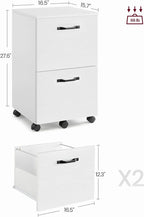 Compact white 2-drawer mobile filing cabinet with wheels for office organization.