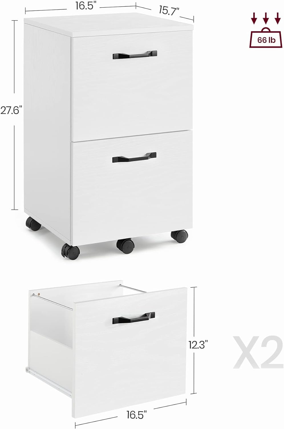 Compact white 2-drawer mobile filing cabinet with wheels for office organization.