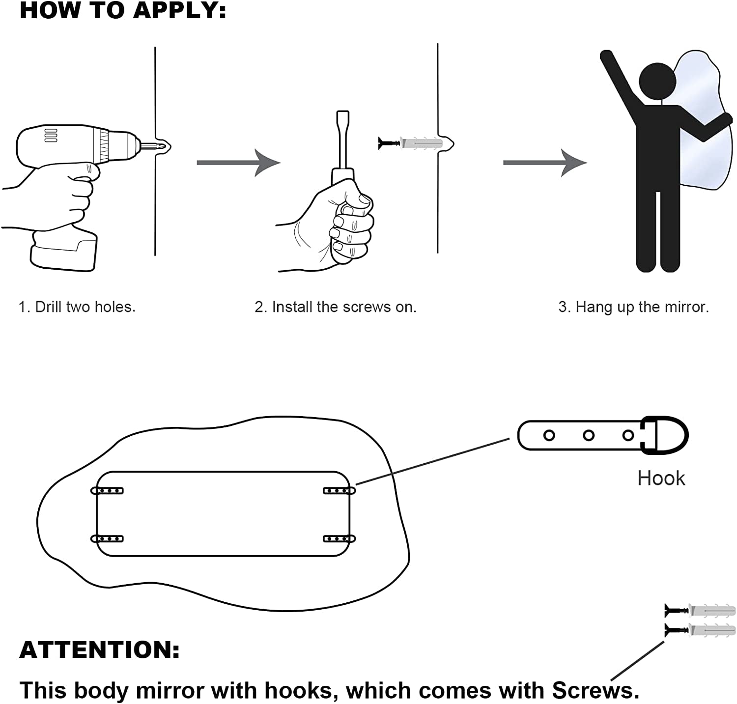 Easy-to-install irregular wall mirror with hooks and screws for secure mounting.
