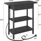 Black narrow side table with shelves and built-in power outlet for small spaces.
