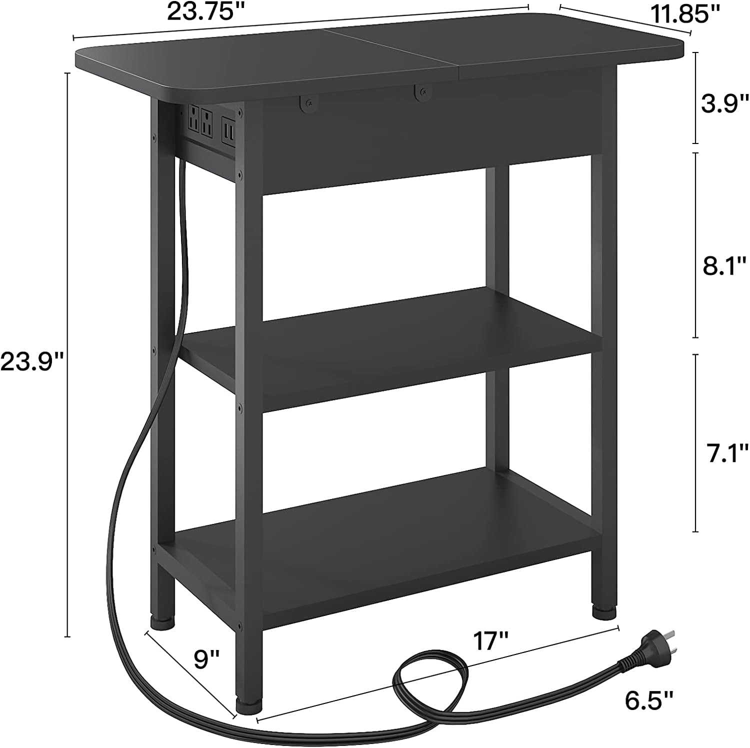 Black narrow side table with shelves and built-in power outlet for small spaces.
