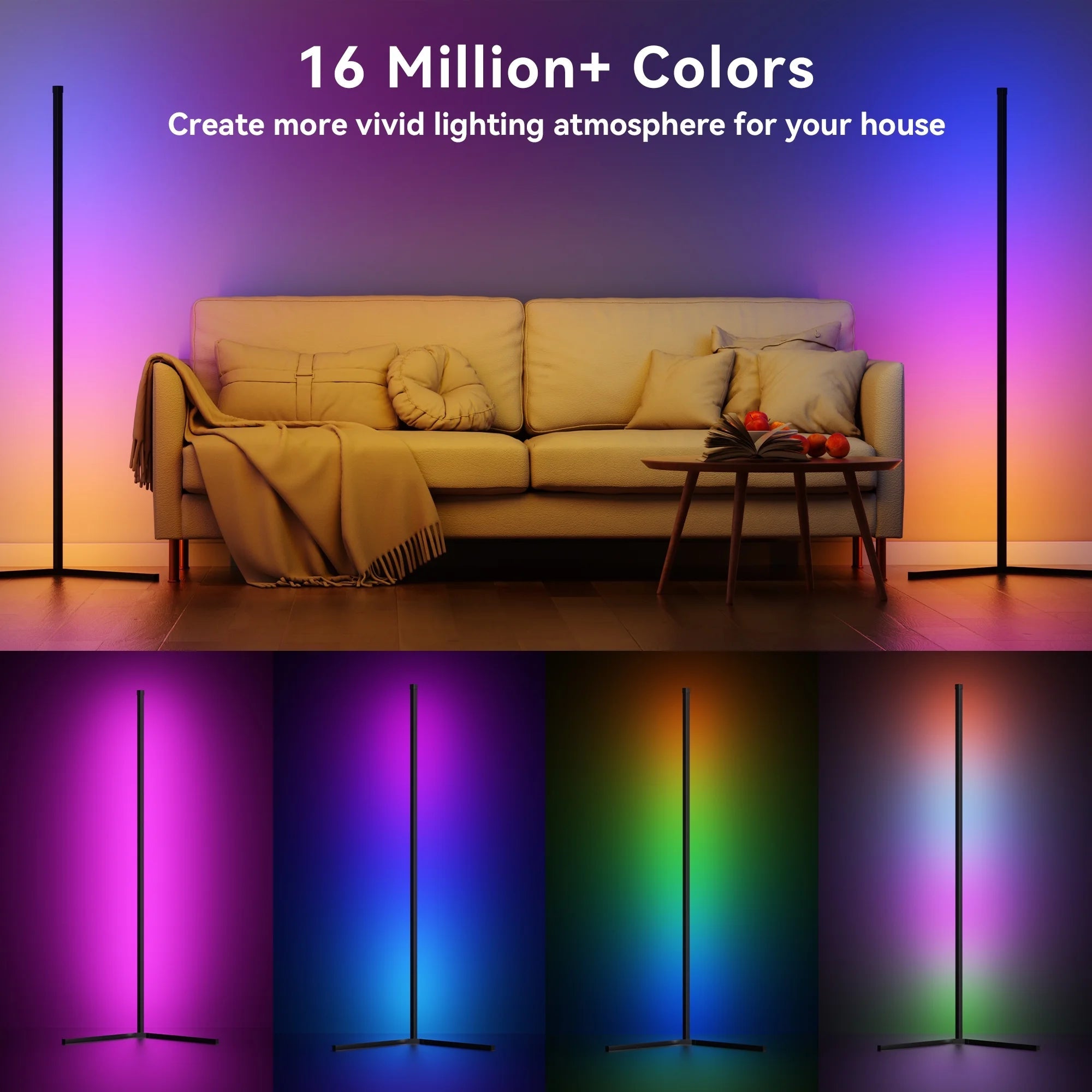 LED corner floor lamp with 16 million+ RGB colors for vibrant home lighting.
