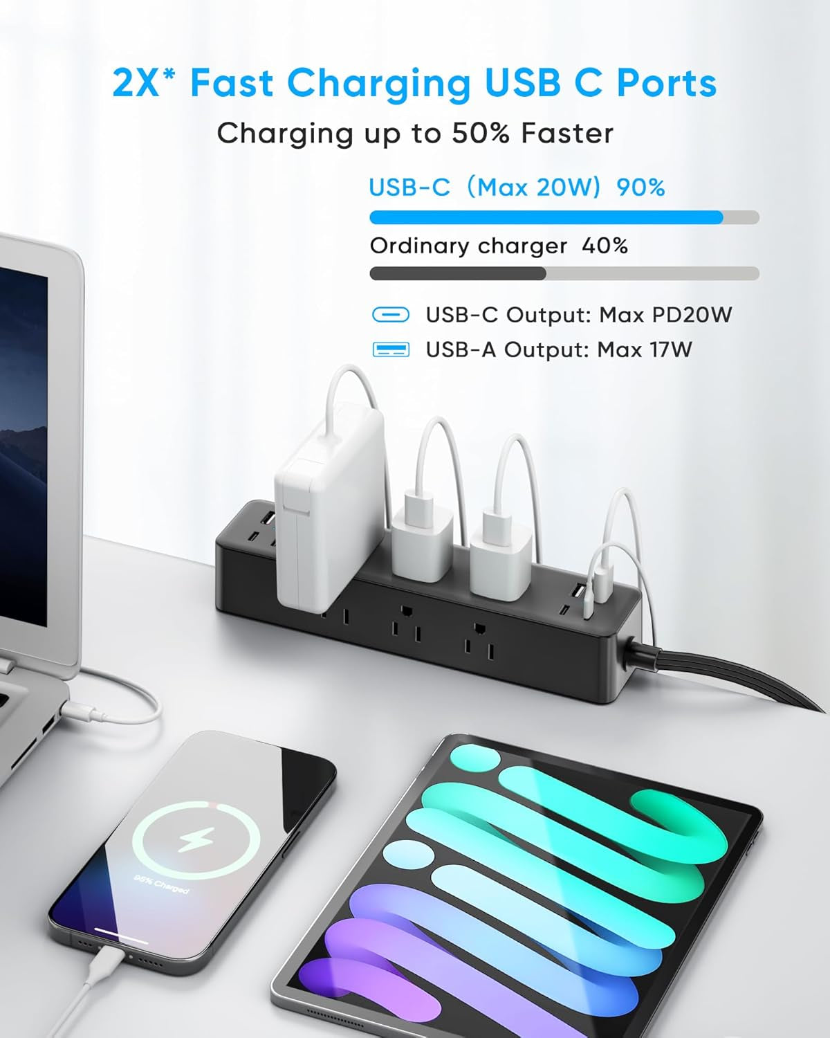 Desk clamp power strip with fast charging USB-C and USB-A ports
