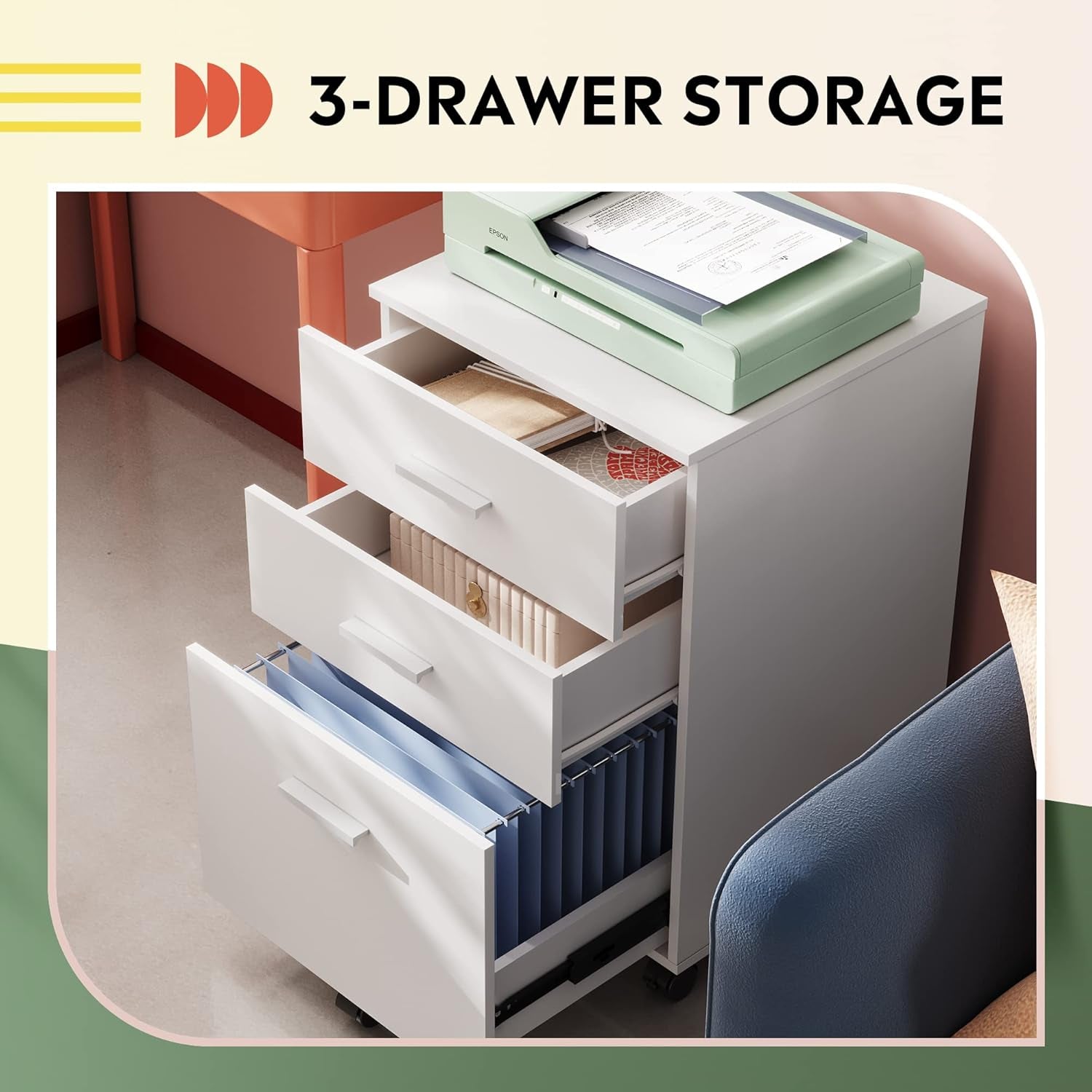 White 3-drawer storage filing cabinet for documents, office supplies, and home organization.
