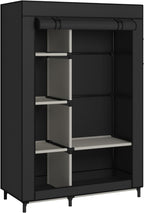 Spacious fabric wardrobe with multiple shelves for clothes, bags, and organized storage.