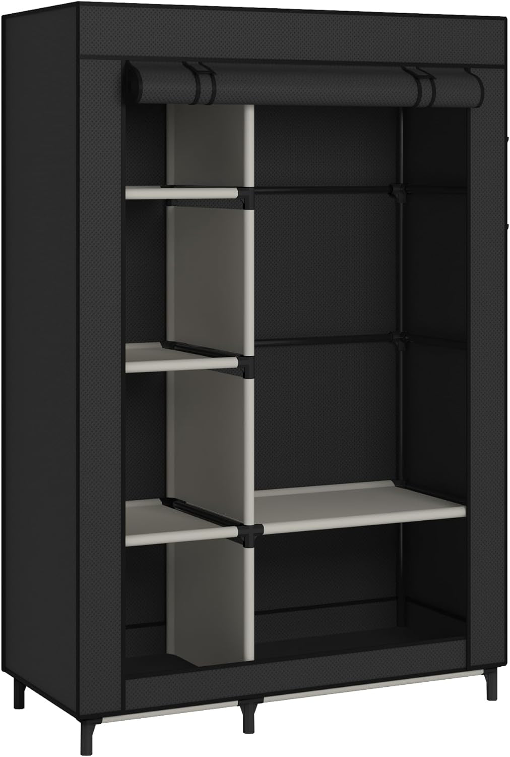 Spacious fabric wardrobe with multiple shelves for clothes, bags, and organized storage.