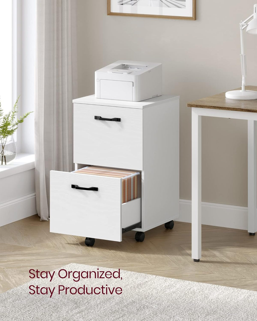 White 2-drawer filing cabinet with wheels for office document and printer storage.