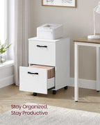 White 2-drawer filing cabinet with wheels for office document and printer storage.