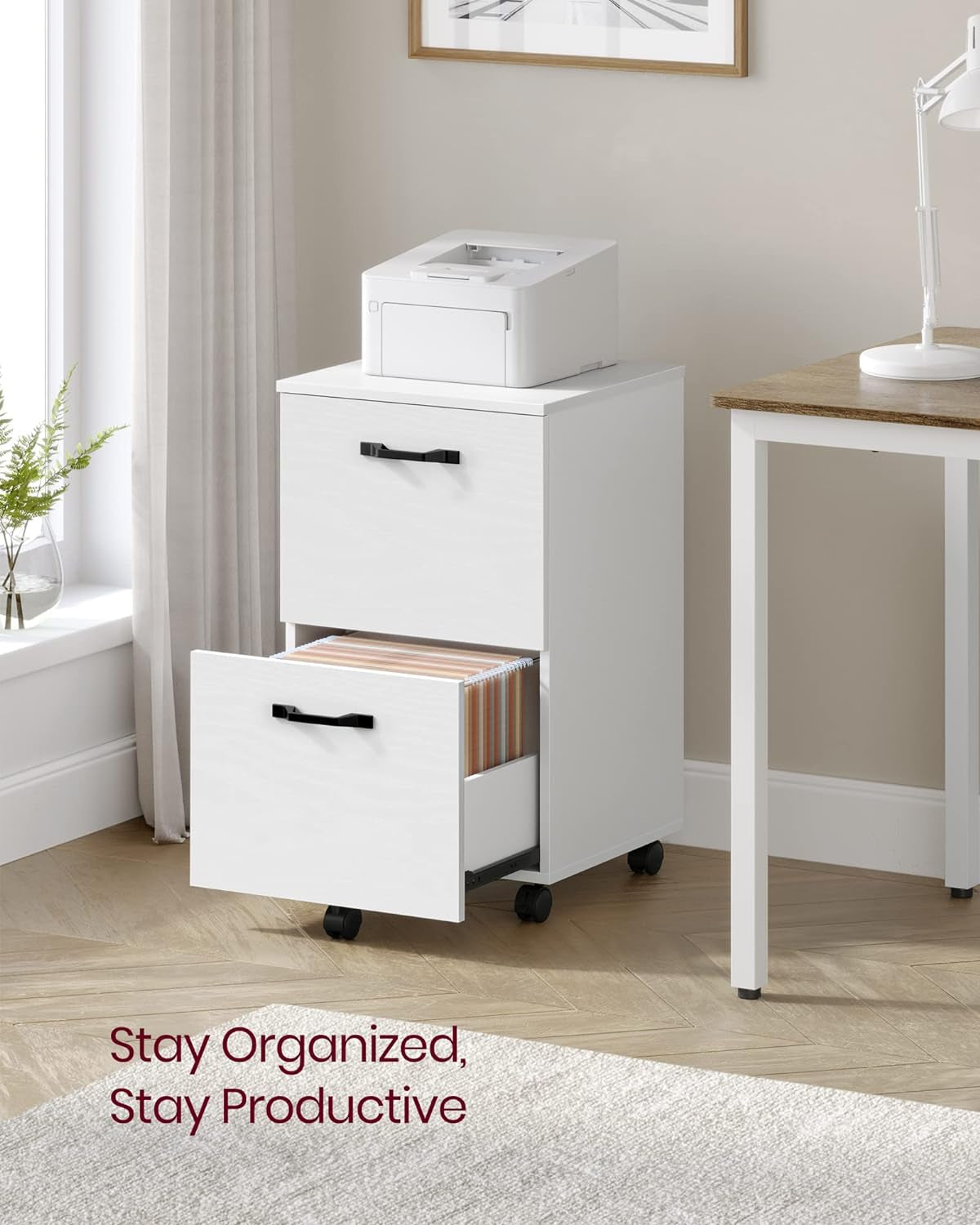 White 2-drawer filing cabinet with wheels for office document and printer storage.
