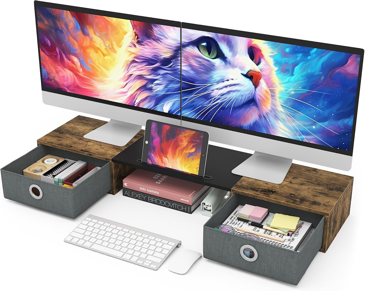Monitor stand with drawers and storage for desk organization