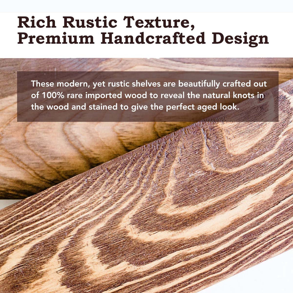 Rustic handcrafted shelves made from 100% rare imported wood with natural knots.
