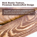 Rustic handcrafted shelves made from 100% rare imported wood with natural knots.
