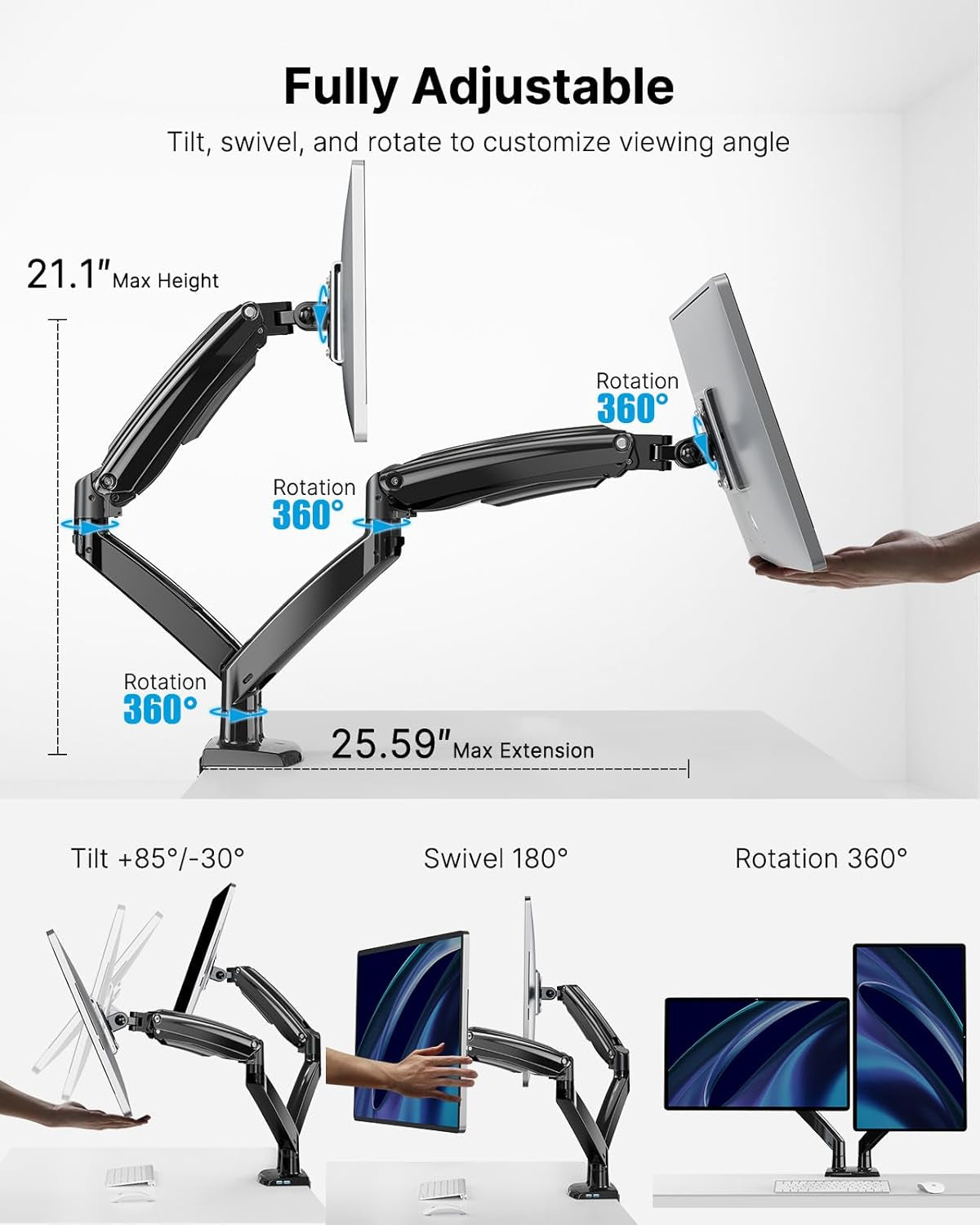 Fully adjustable dual monitor arm with tilt, swivel, and rotation
