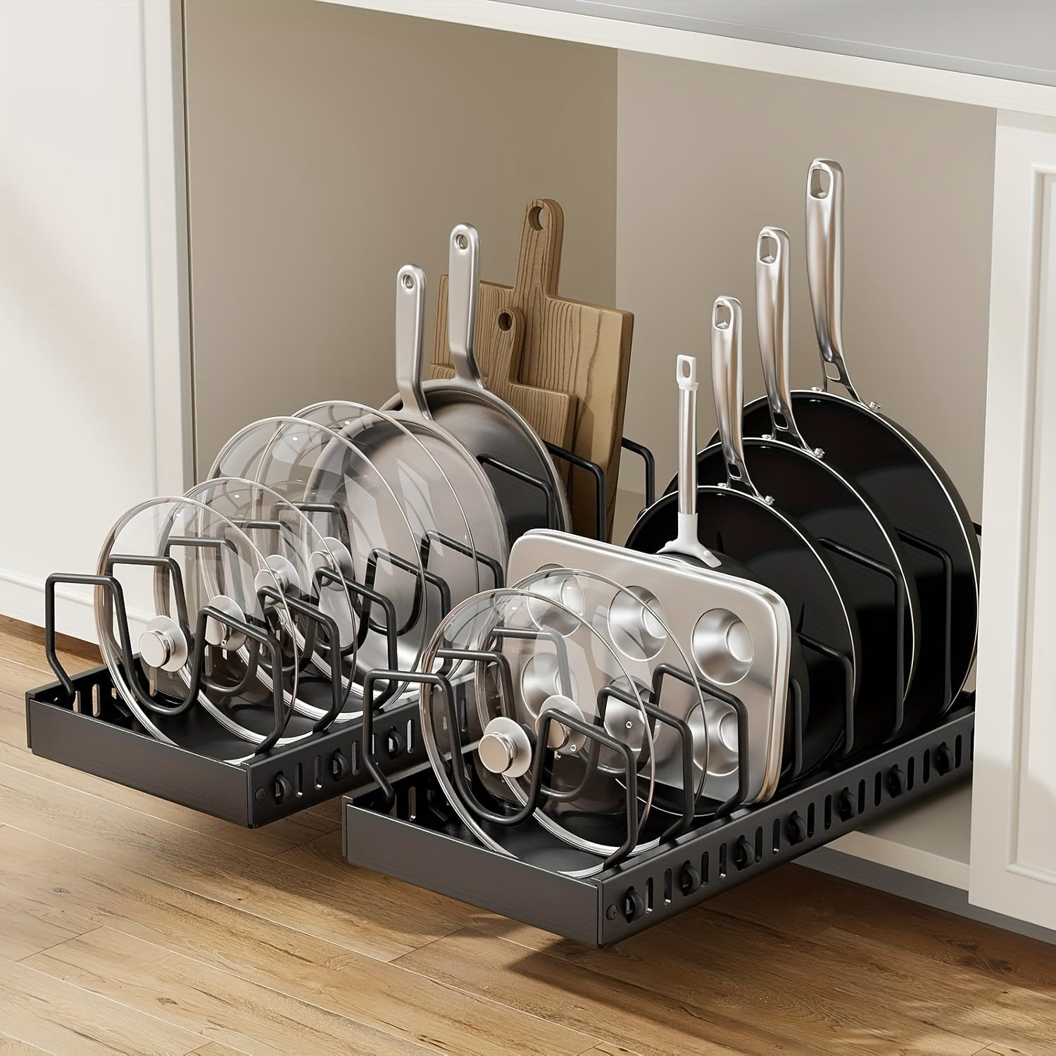 Adjustable kitchen cabinet organizer for pots, pans, lids, and cutting boards.