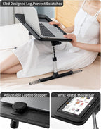 Adjustable laptop desk stand with wrist rest and stopper