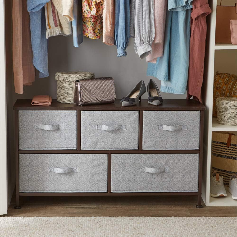 Fabric drawer storage cabinet with 5 compartments for clothes, accessories, and home organization.