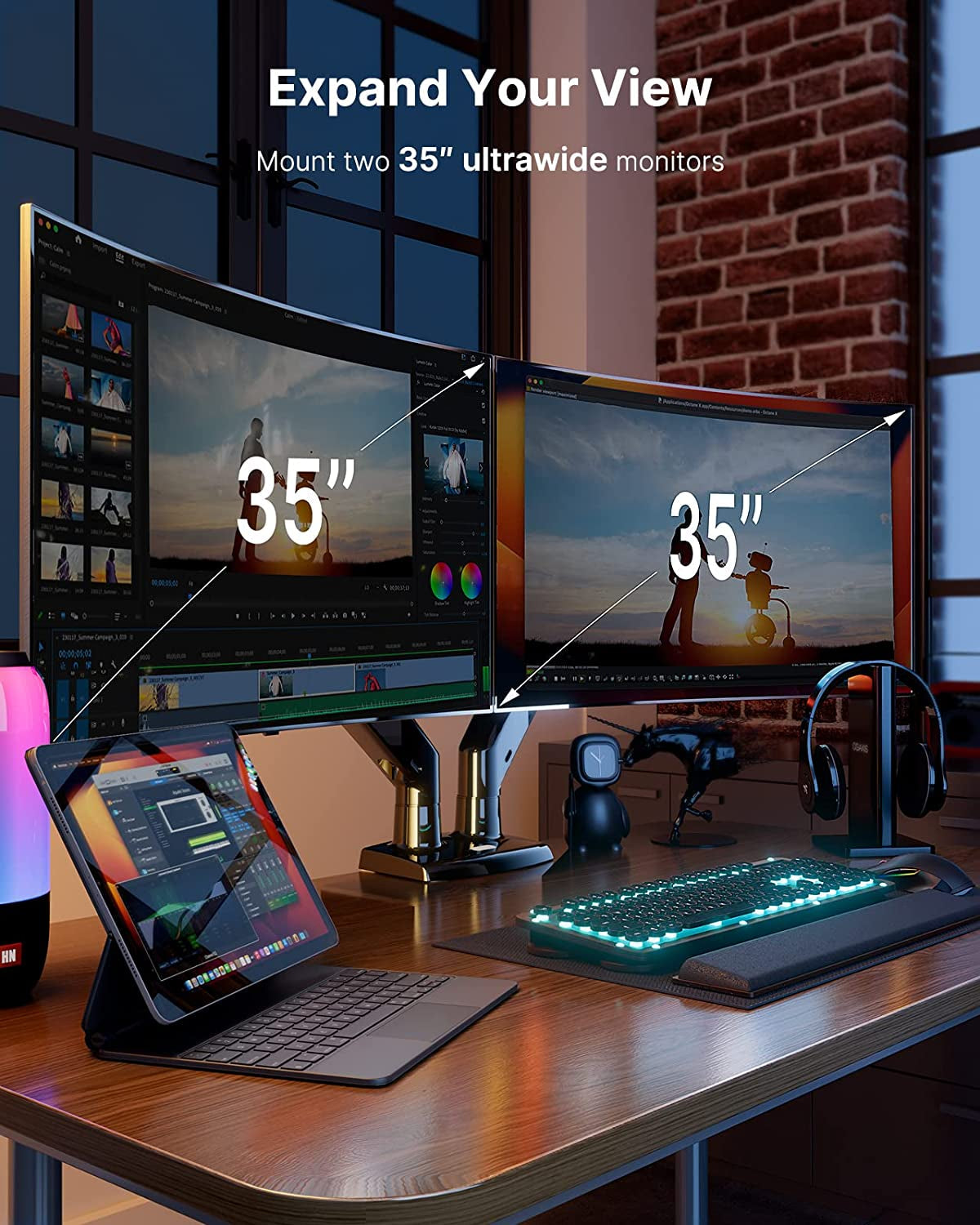Dual 35-inch ultrawide monitors mounted on adjustable desk arms