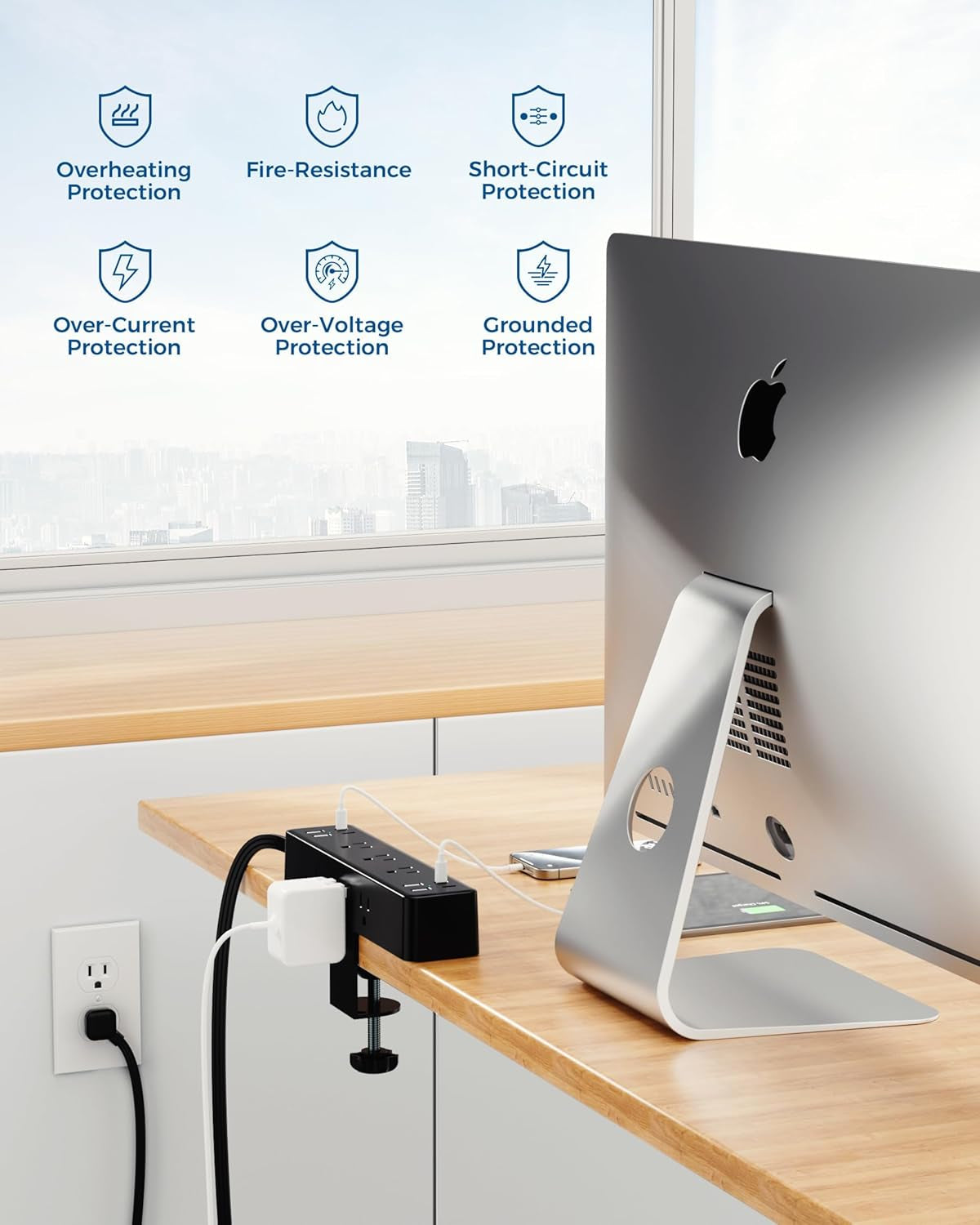 Desk clamp power strip with surge and short-circuit protection for safety