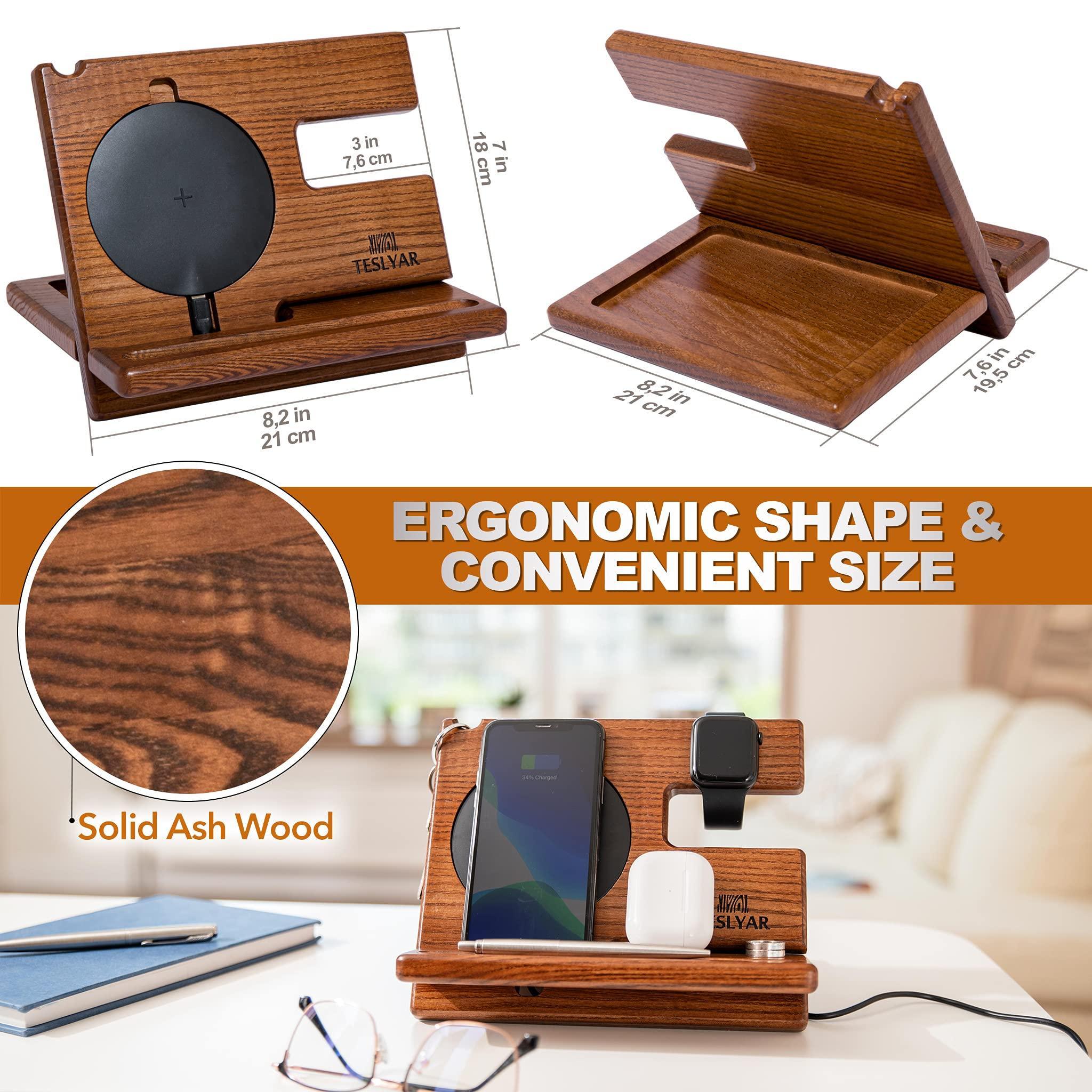 Solid ash wood wireless charging station with ergonomic design