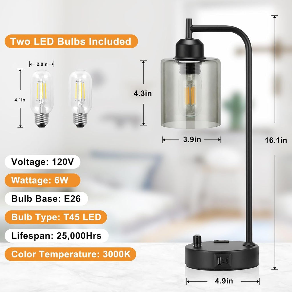 Black table lamp with glass shade and two included LED bulbs
