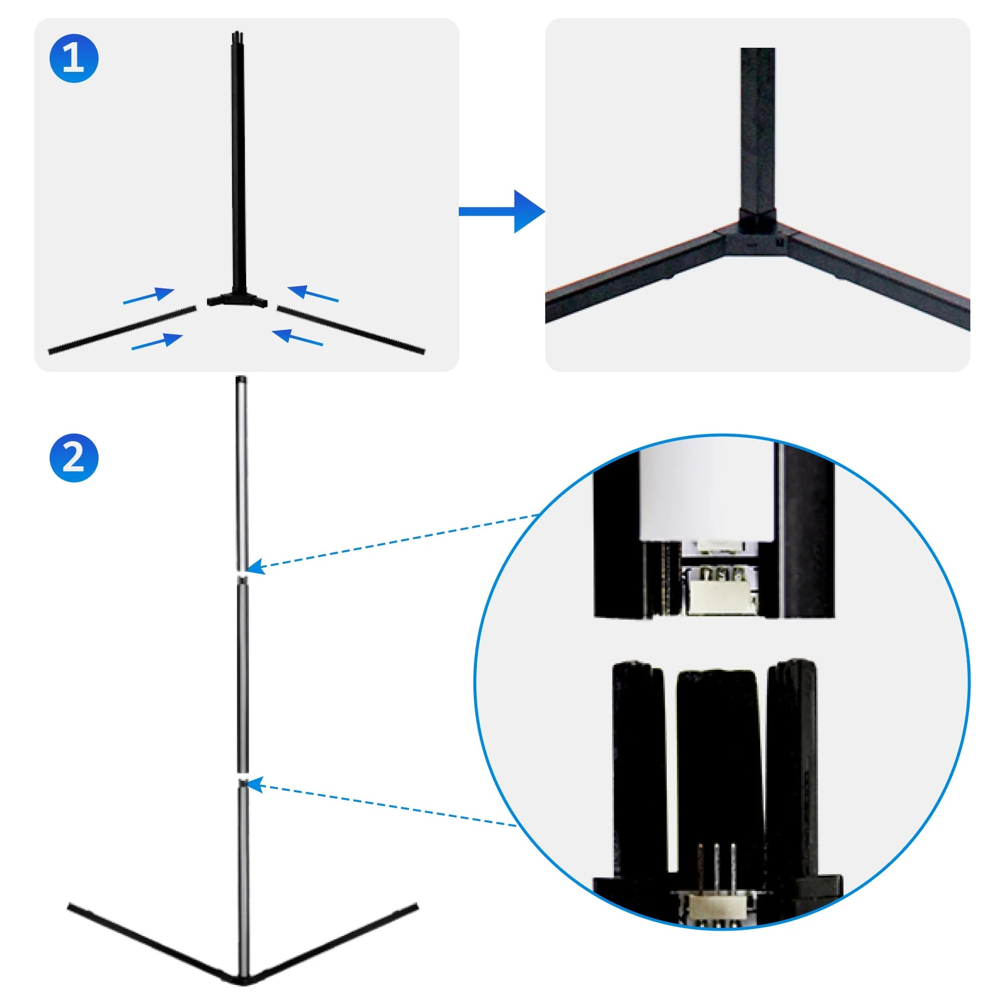Easy to assemble RGB corner floor lamp with sturdy base and secure connectors.
