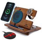 Wooden wireless charging station for phone, watch, and accessories