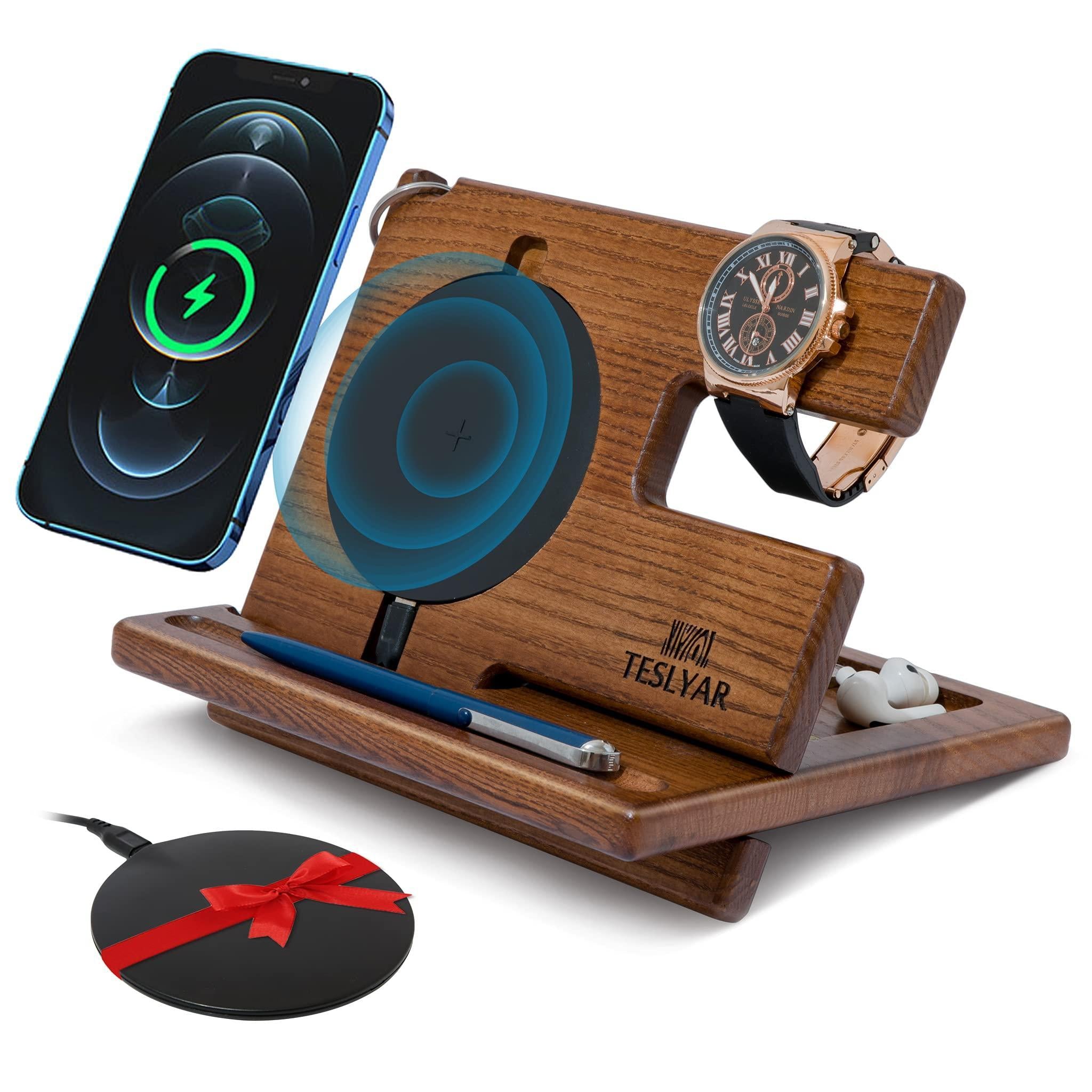 Wooden wireless charging station for phone, watch, and accessories